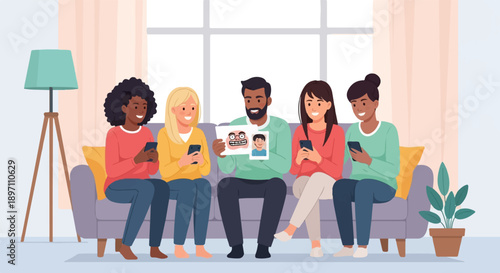 Friends gathered on a couch, holding phones and a picture