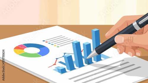 Hand holding pen over documents with charts and graphs on desk