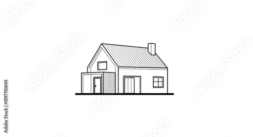 Simple hand drawn sketch of a detached house with a chimney.