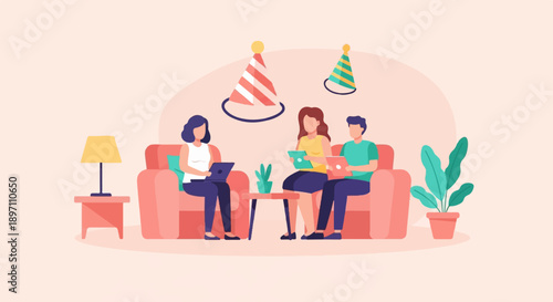 Friends gather in a cozy living room, celebrating with party hats and laptops