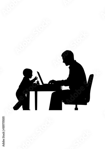 Remote Work and Family Balance Silhouette Parent Working with Child Vector Illustration