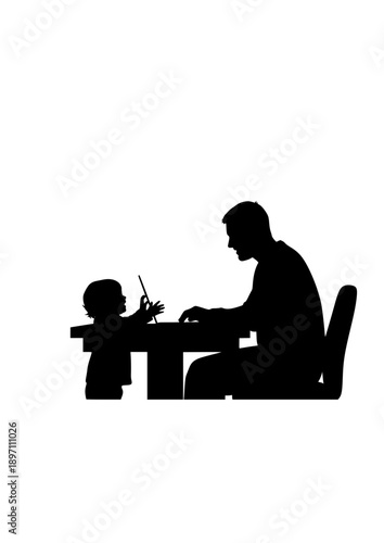 Remote Work and Family Balance Silhouette Parent Working with Child Vector Illustration