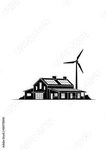 Sustainable Modern Farmhouse with Solar Panels and Wind Turbine Silhouette Vector Illustration