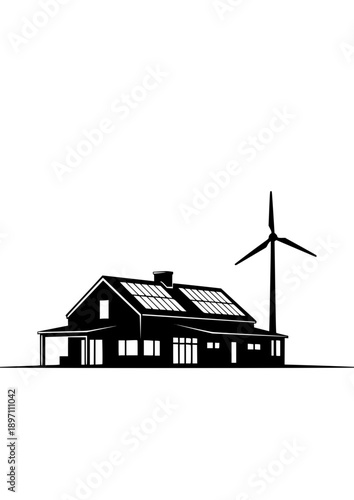 Sustainable Modern Farmhouse with Solar Panels and Wind Turbine Silhouette Vector Illustration