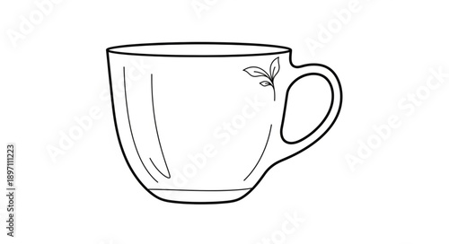 Simple line drawing of a ceramic teacup with a handle.