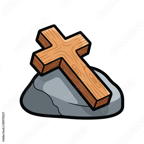Wooden Cross on Rock Illustration.