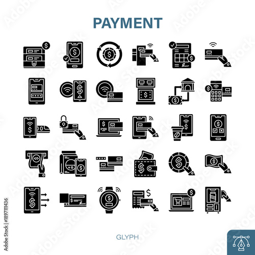 Payment Methods Glyph Icons Set. mobile, online, card, money, transaction, finance