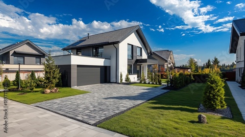 Serene Modern Suburban Home Exterior on a Sunny Day with Blue Skies