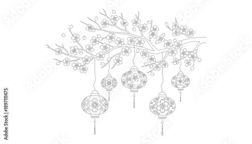 vector illustration of hanging floral ornaments on a blooming tree branch