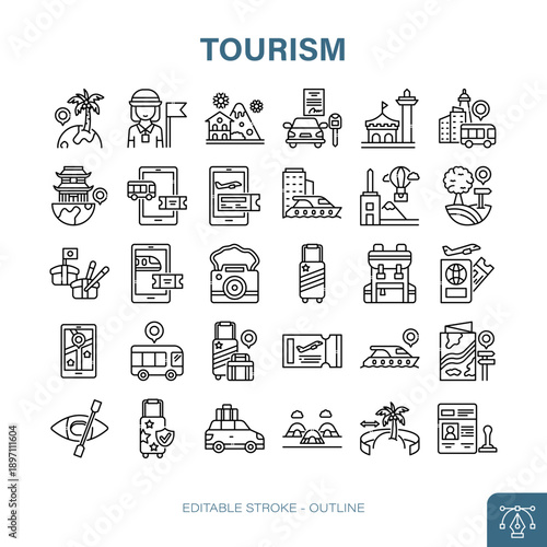 Tourism Outline Icon Set. tourism, travel, holiday, vacation, journey, trip, adventure, landmark