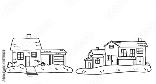 Two hand drawn houses with garages and yards in black and white.