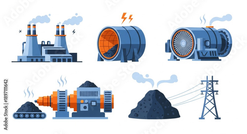Industrial power generation equipment and facilities illustration.