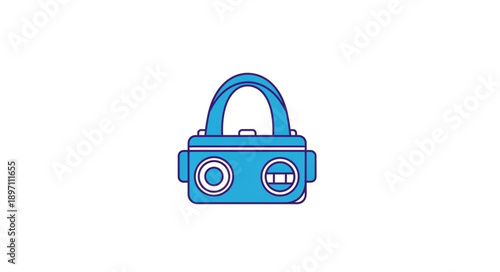 Blue cartoon boombox with handle and speakers.