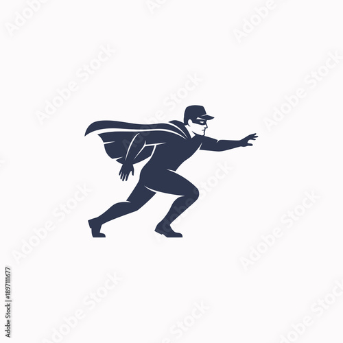 Superhero Runner with Cape and Mask, Dynamic Action Pose, Silhouette Style