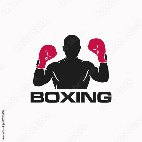 Silhouette Boxer with Red Gloves, Ready to Fight, Boxing Sport Logo