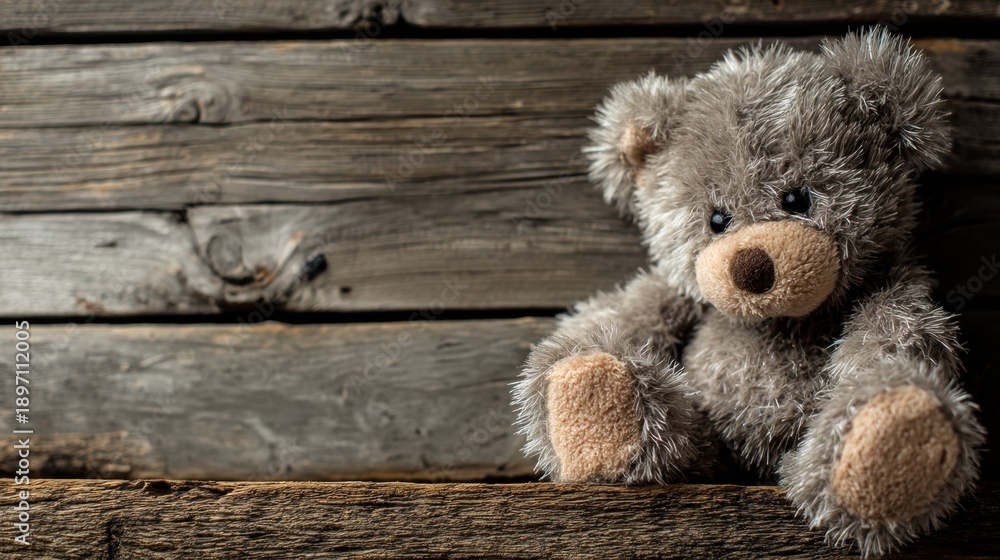 Obraz premium Fuzzy toy bear on rustic wooden background.