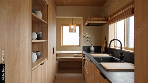 Minimalist Natural Wood Kitchen With Sleek Black Accents And Ambient Lighting