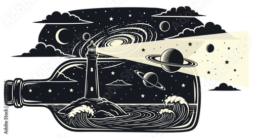 Dreamy cosmos scene in a glass bottle with swirling waves and a moonlit night sky