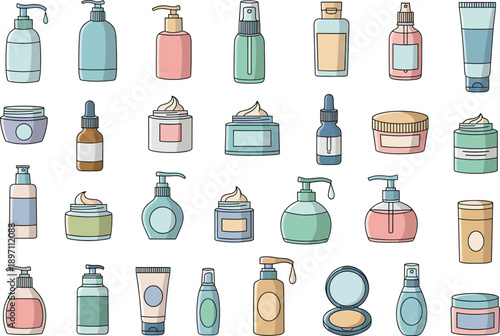 Comprehensive Skincare and Cosmetics Icon Set Featuring Pump Bottles Beauty Cream Jars Dropper Serums and Toiletry Containers for Personal Care and Dermatological Product Design