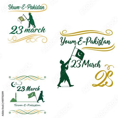 Youm-e-Pakistan 23 March Typography Set - Patriotic Illustrations with Flag Bearer Silhouette and Elegant Calligraphy for Pakistan Day