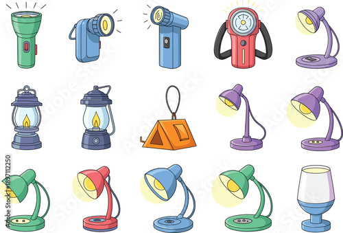 Modern Portable Lighting Set Featuring LED Flashlights Camping Lanterns Adjustable Desk Lamps and Emergency Headlamps for Home Office and Outdoor Activity Design Illustrations