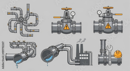 Industrial plumbing system components and valves illustration.