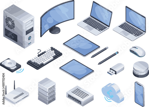 Professional Isometric Computer Workstation Set Featuring Curved Monitors Tower PCs Mechanical Keyboards Hard Drives and Network Servers for IT Support and Software Development Design