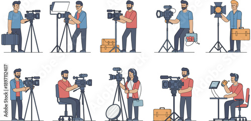 Professional Film Crew Character Set Featuring Cinematographers Video Editors and Sound Engineers with Professional Camcorders Lighting Equipment and Production Monitors for Media Design