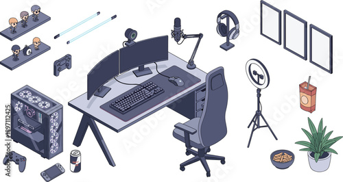 Professional Isometric Gaming Station Set Featuring Dual Monitors RGB Desktop PC Gaming Chair Ring Light Microphone and Streaming Accessories for Content Creator Graphic Design