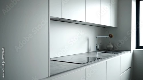 Minimalist White Kitchen Interior With Sleek Cabinetry And Modern Appliances