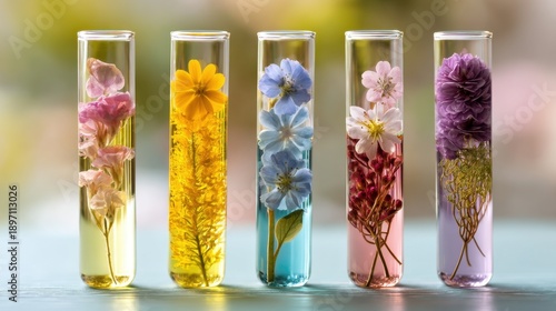 Colorful flowers in test tubes with vibrant liquids displaying botanical art.
