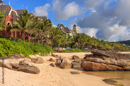 Iceland Phu Quoc Vietnam A beach with a rocky shoreline and a cloudy sky