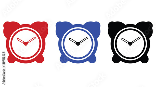 Three alarm clocks in red, blue, and black with white faces and hands