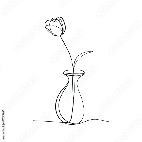 Flower Tulip in a vase one line art drawing. Minimalist vector isolated on white background. Perfect for print, wall decor, phone case, shirt, sticker, pillow, acrylic, border, wallpaper.