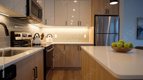 Modern Apartment Kitchen Interior Design With Sleek Appliances And Natural Wood Accents