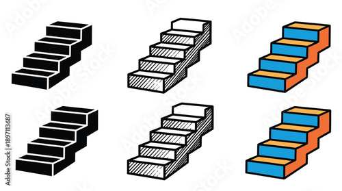 Six stylized of stairs in black and white and color