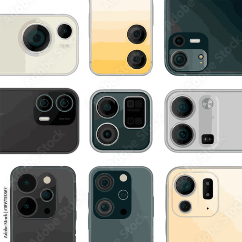 Create a kinds of deferent realistic Modern lens of smartphone double camera structure. New features for a smartphone camera concept. 3d illustration vector art with white background..