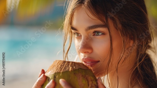 Young caucasian female enjoying fresh coconut drink by the beach.