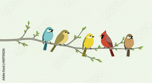 Colorful Birds Perched on Branch with Green Leaves, Isolated on White Background