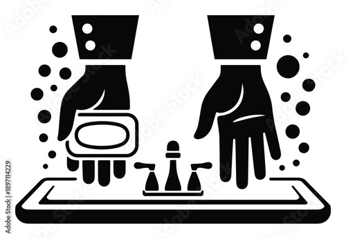 Icon of hands washing with soap and water in a sink