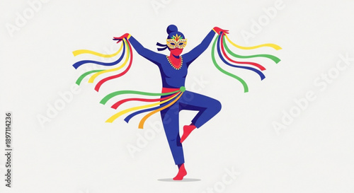 Woman Dancing with Colorful Ribbons Isolated on White Background