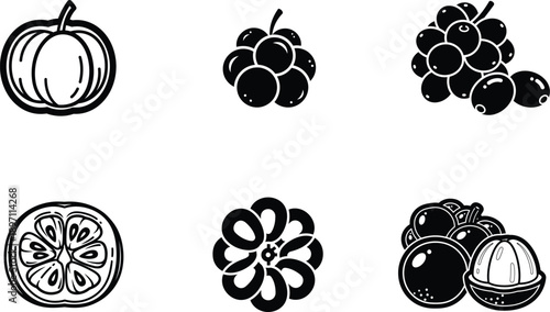 black and white illustrations of various fruits and vegetables
