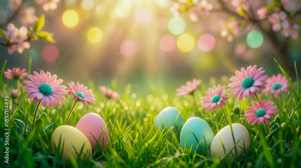 Fototapeta premium Pastel-colored eggs set on a lush green lawn with blooming pink daisies. Soft morning sunlight and a bokeh background with blossoming trees.