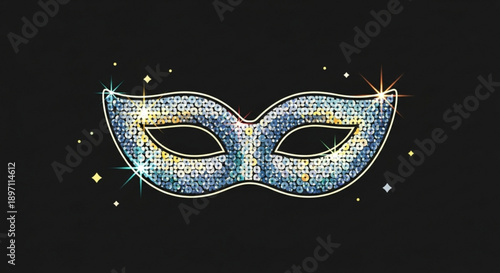 Blue Glittering Masquerade Mask with Sparkling Lights Isolated on Black Background