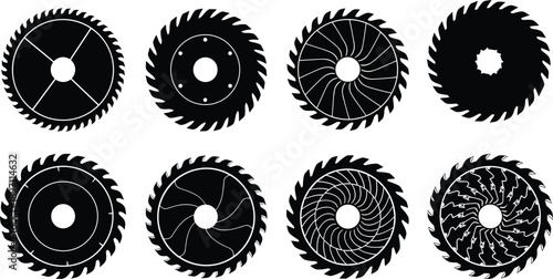 Circular Saw Blade Silhouette Set with Different Tooth Patterns in Flat Vector Style for Woodworking, Industrial Tools, Construction and Mechanical Designs
