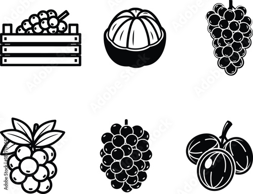 Black and white illustrations of various types of fruit and a crate of fruit