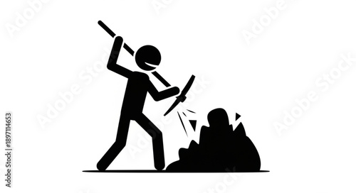 Stick figure miner digging for treasure with pickaxe.