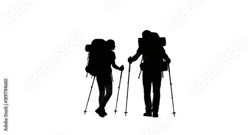 Two hikers with backpacks and trekking poles silhouette.