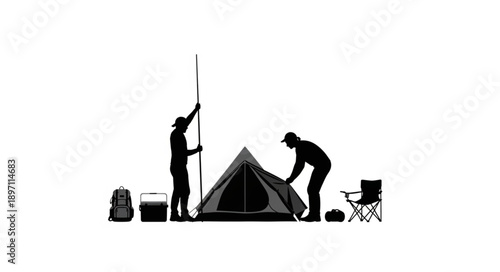 Two people setting up a tent for camping outdoors.