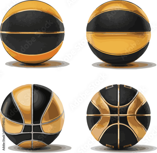 Create a Realistic black and gold Basketball 3d rendering vector art with white background..